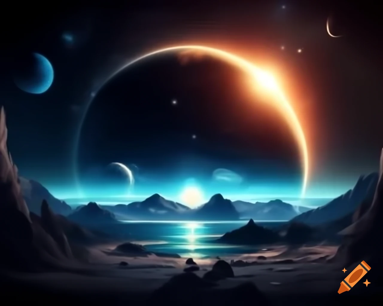 3D representation of mountain lake at sunset with sun rays and island