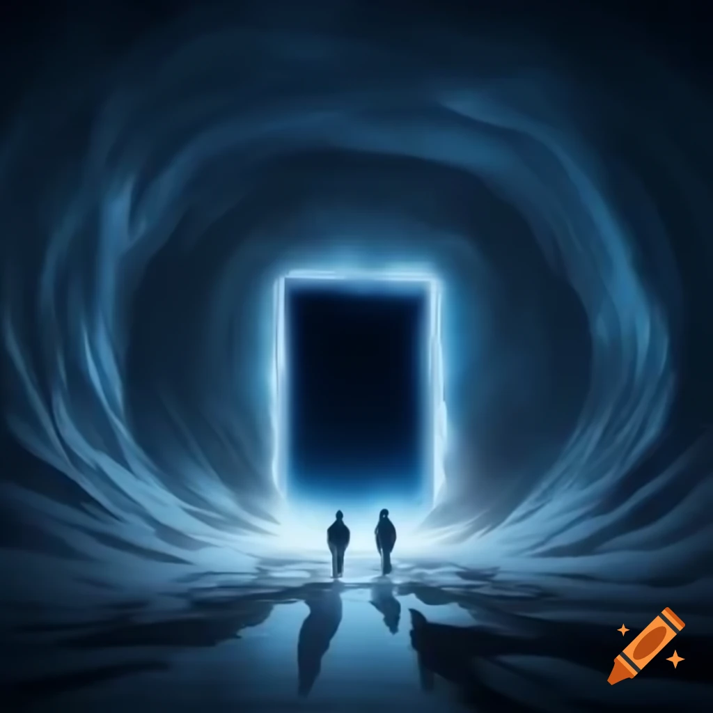 Swirling tunnel of time leading to a massive rectangular doorway