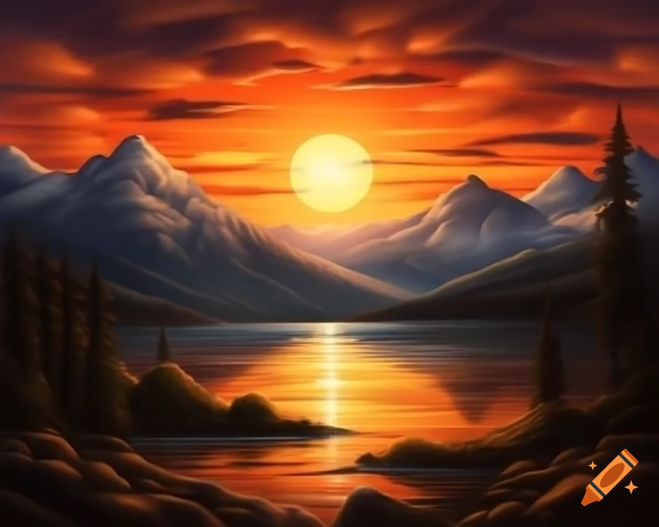 Photorealistic painting of sunset over mountain lake with sunrays