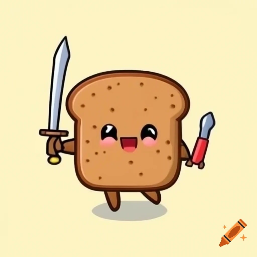 Cartoon bread slice with hands holding a firearm on craiyon