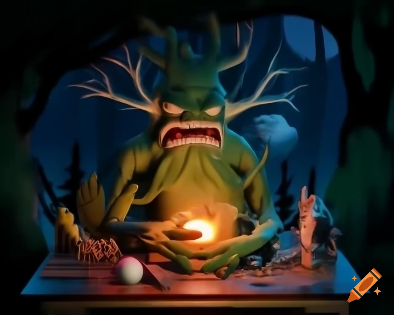 Hyper-realistic 3D tree monster with fangs on wooden table surrounded by gluttony props in dark woods