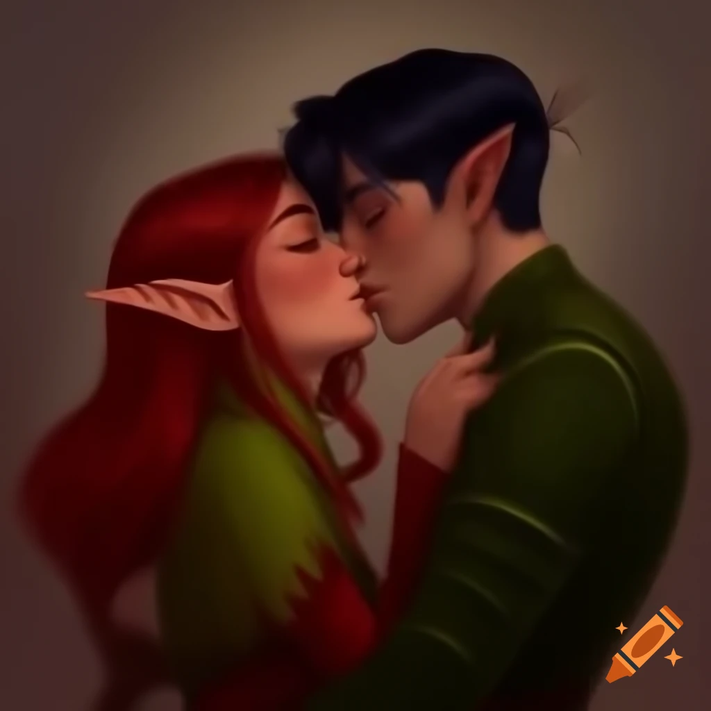 Female elf and male human sharing a romantic kiss