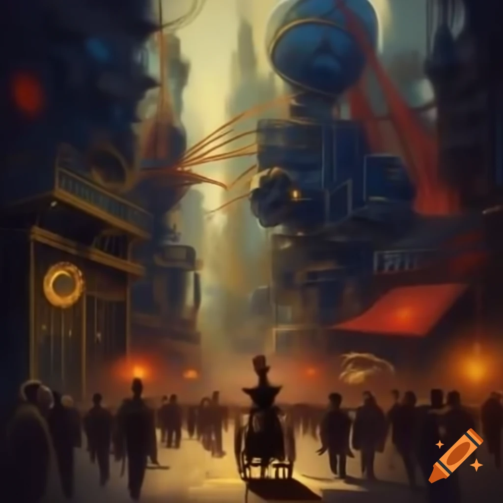 Steampunk Victorian cityscape with mechanical marvels and steam-powered carriages