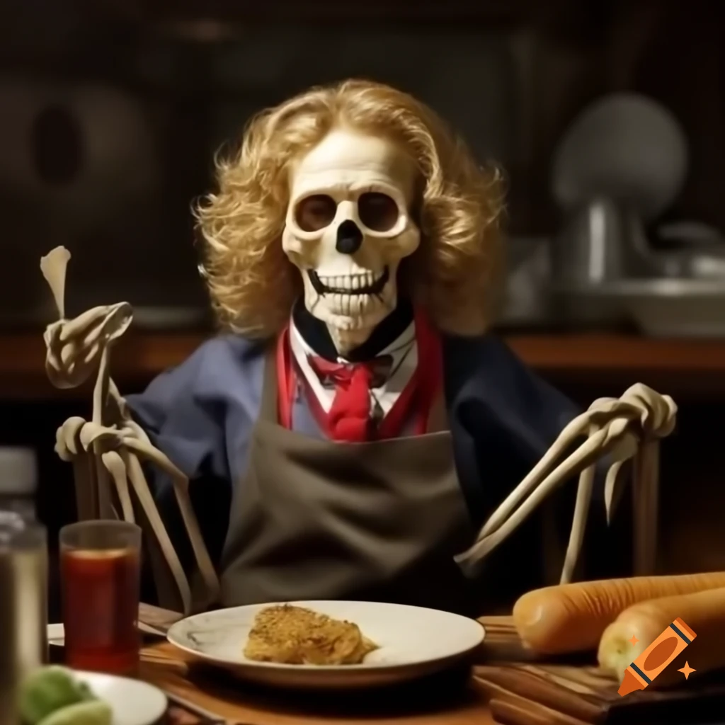 Vintage human skeleton chef adorned with food and crossed cooking knives