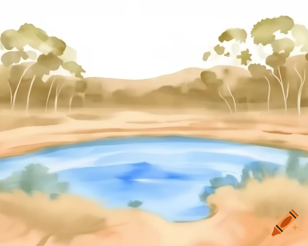 Australian waterhole in natural watercolor shades, inspired by Albert Namatjira