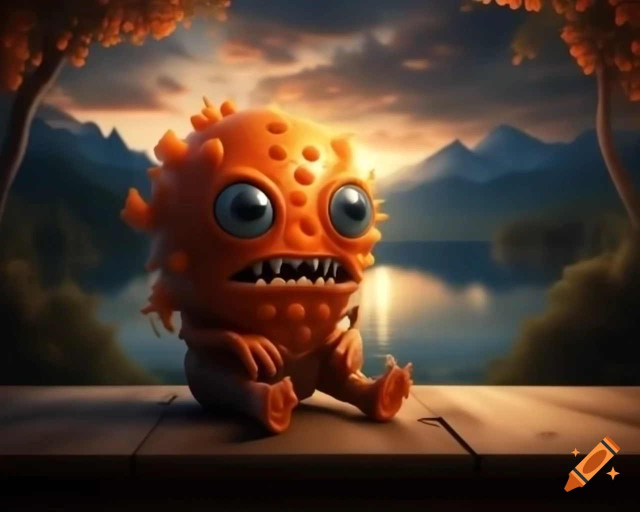 3D orange tree monster with human face on wooden table in forest