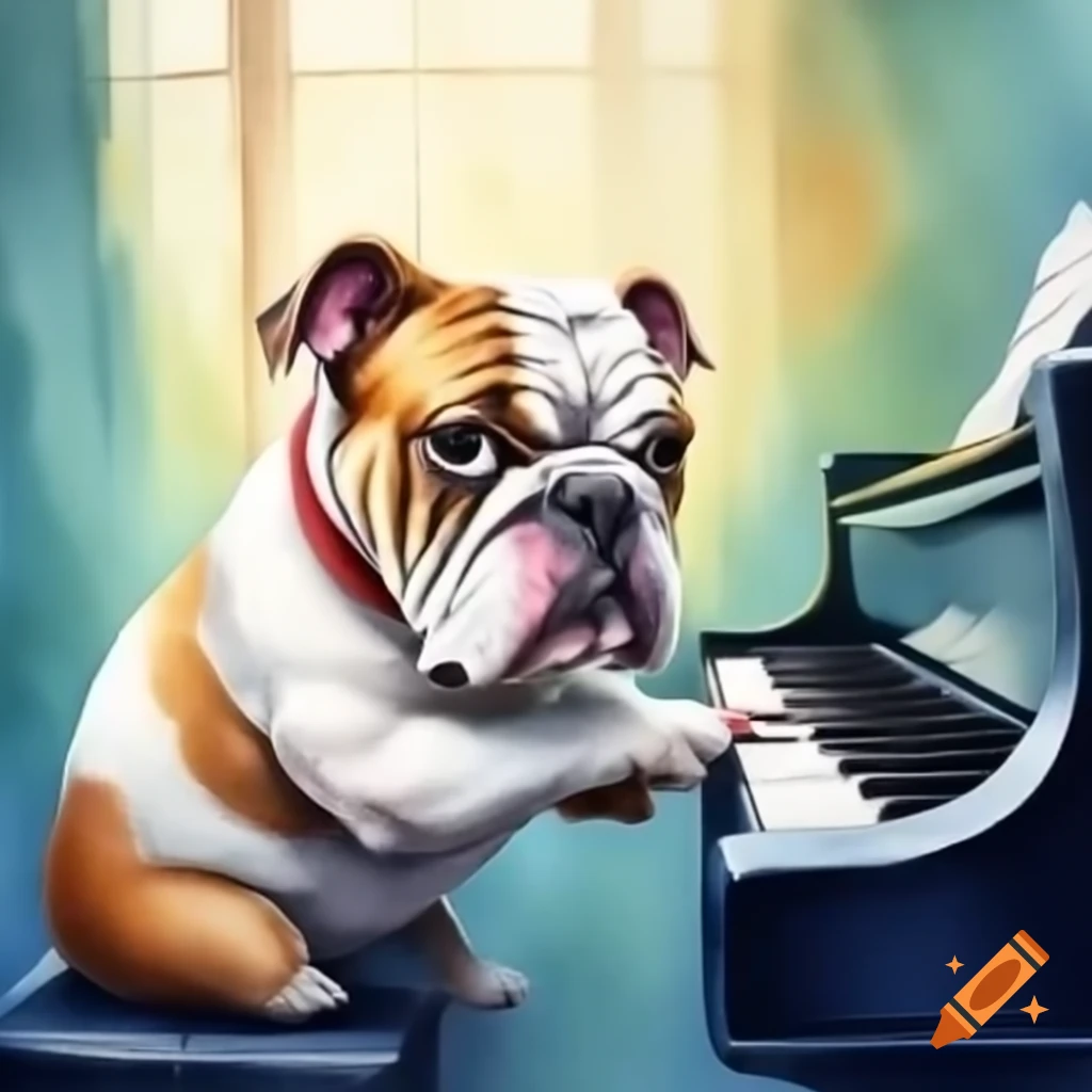 Bulldog playing piano