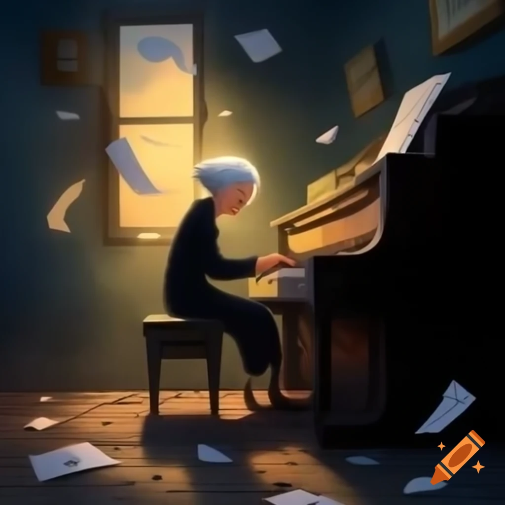 Old pianist with white hair playing emotionally at beautiful worn piano