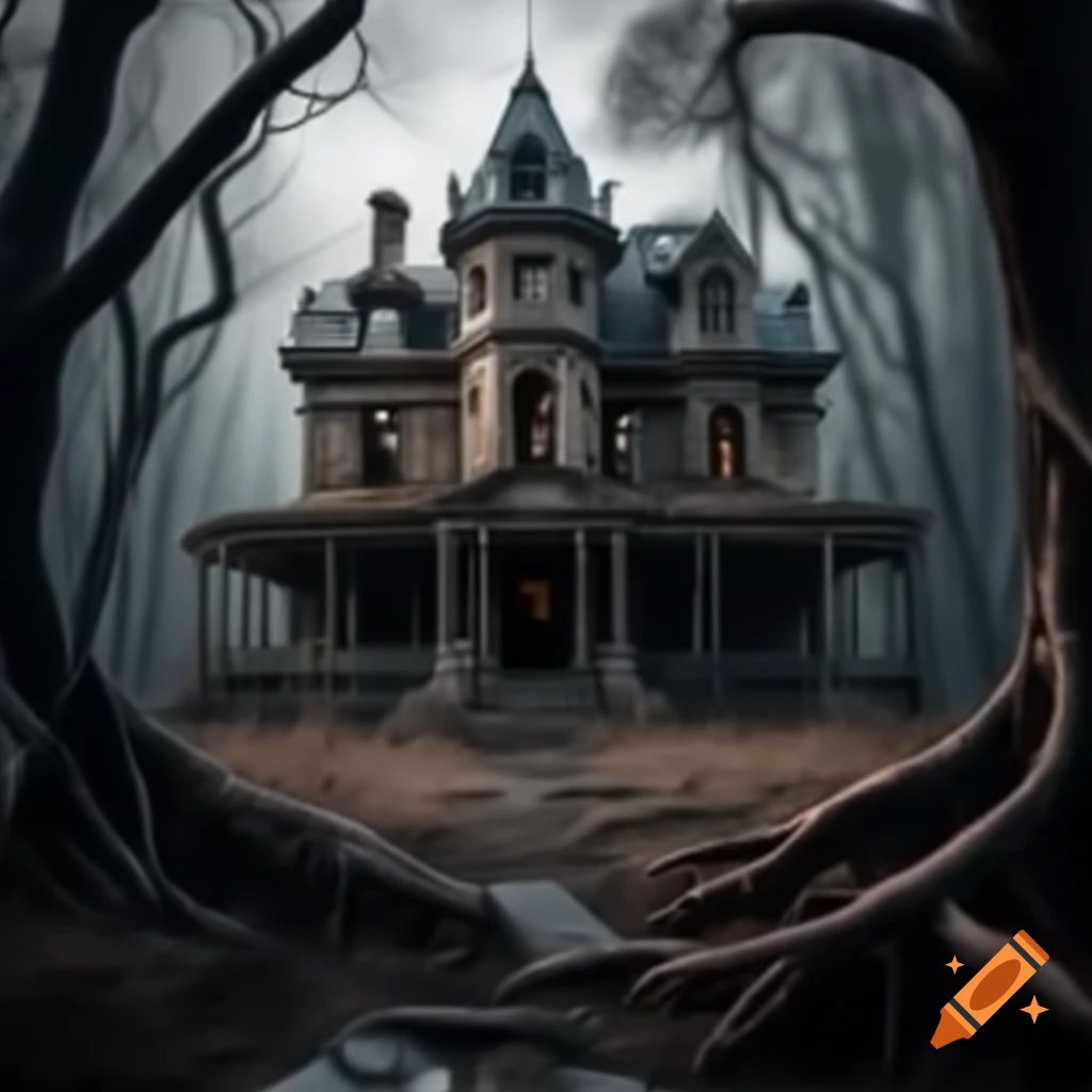 Hyper realistic eerie abandoned mansion in forest