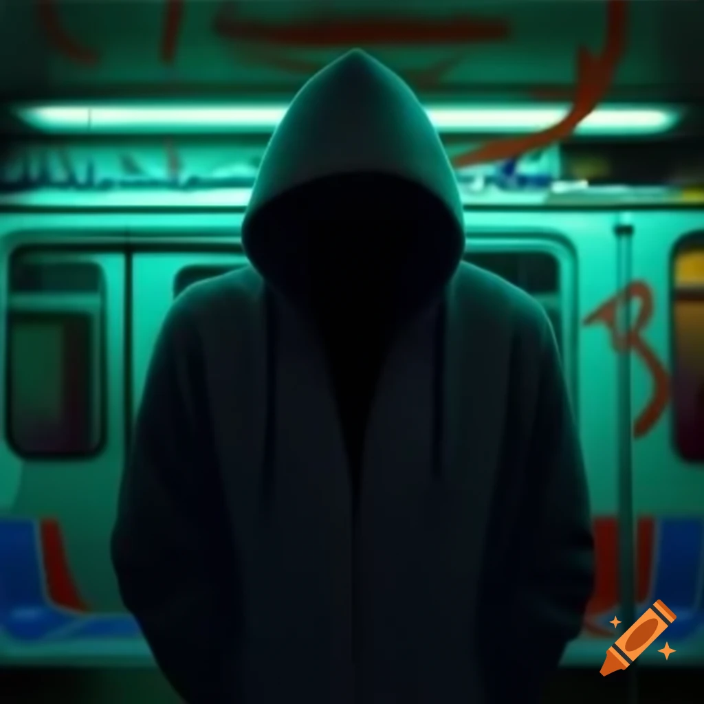 Lonely person in hoodie standing in a dimly lit metro with graffiti and neon lights