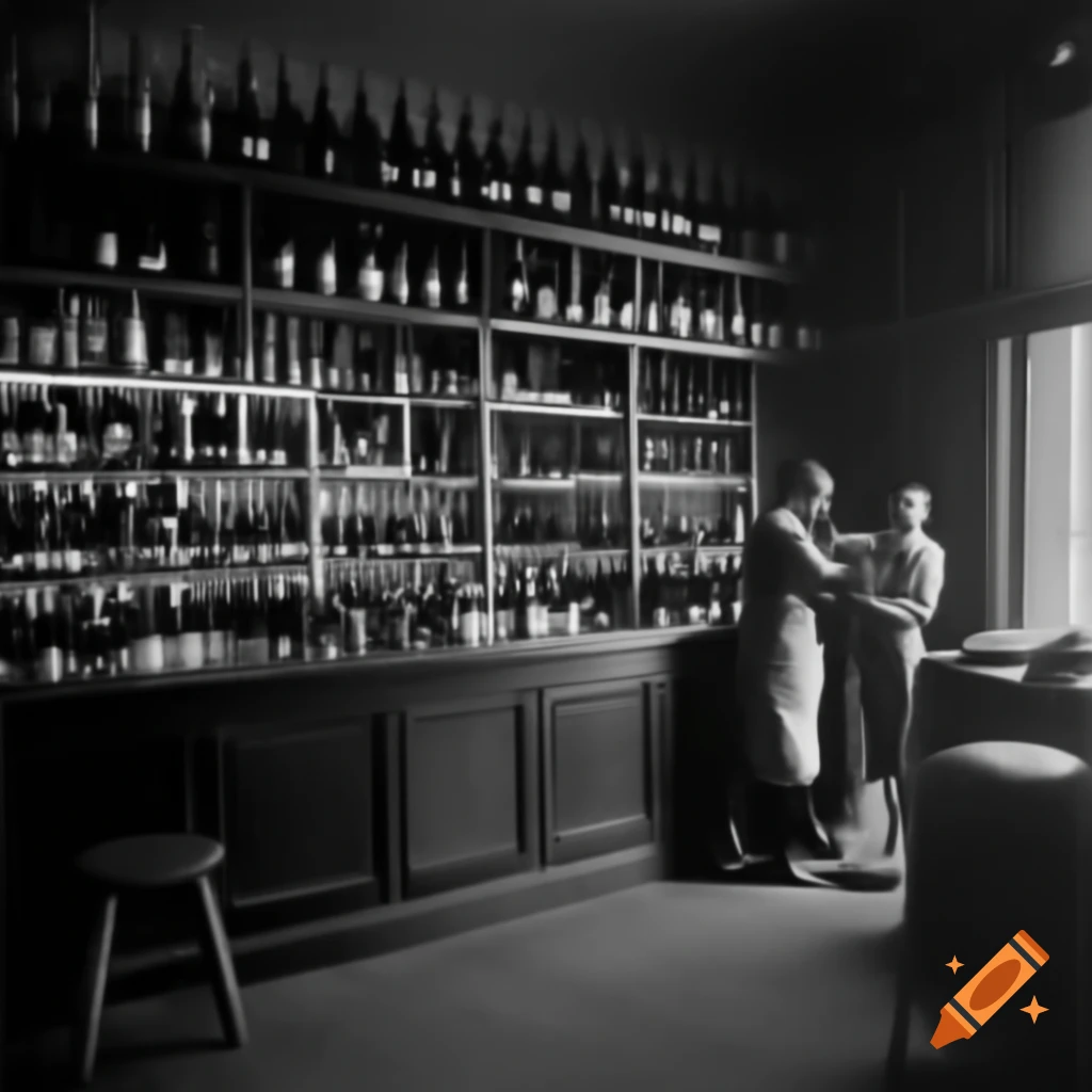 Vintage 1900 photo of liquor store with wine shelves and counter staff