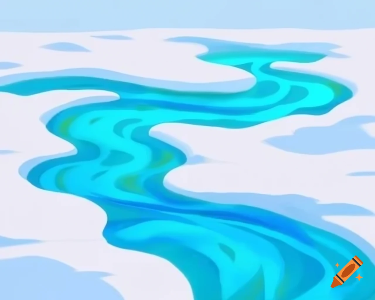 Oil painting of river in blue and teal shades on plain background, storybook style