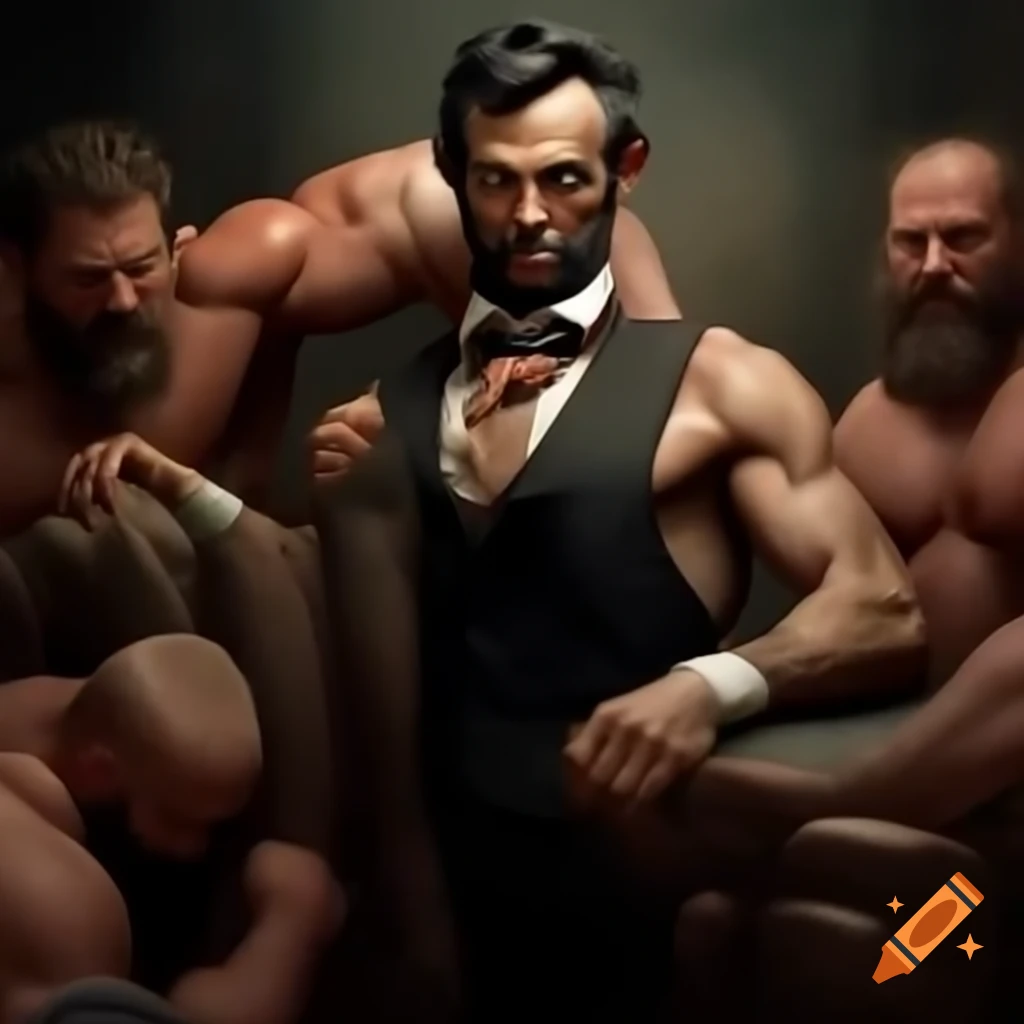 Strong Abraham Lincoln wrestling and showcasing muscles