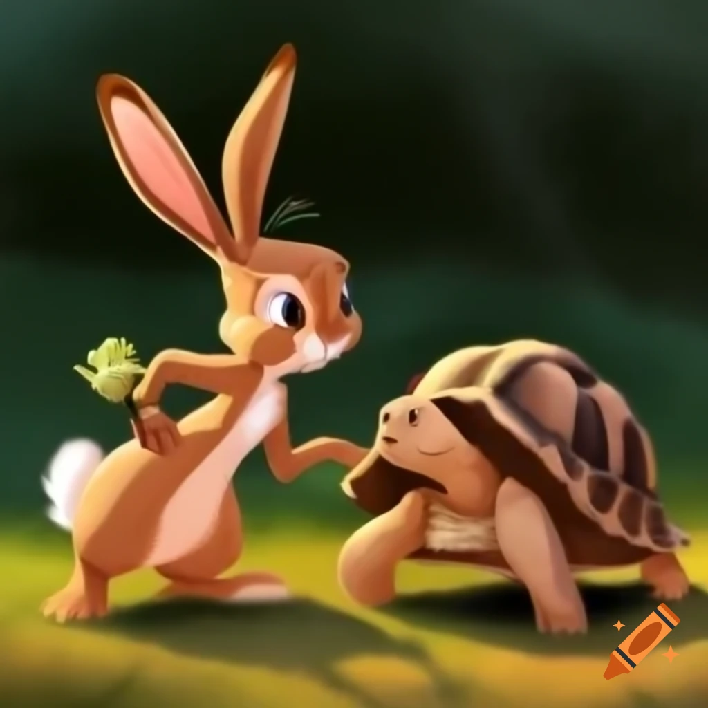 Cheerful hare with big ears talking to calm tortoise