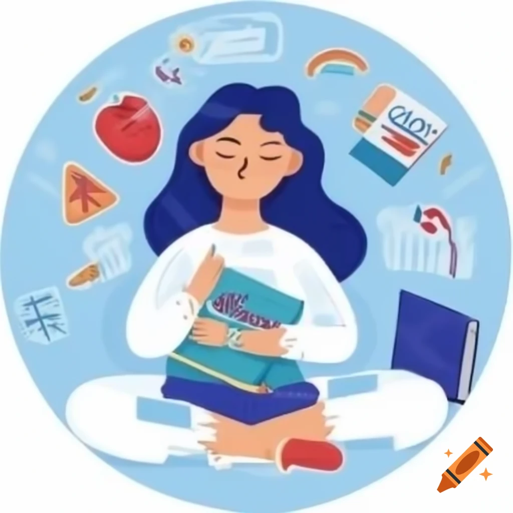 Illustration of calm student with stress management symbols: healthy food, pillow, and exercise gear