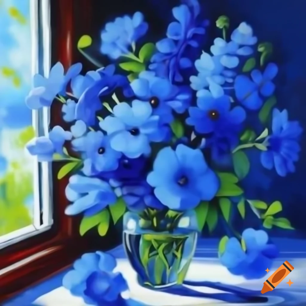 Blue flowers in a vase on window sill, oil painting