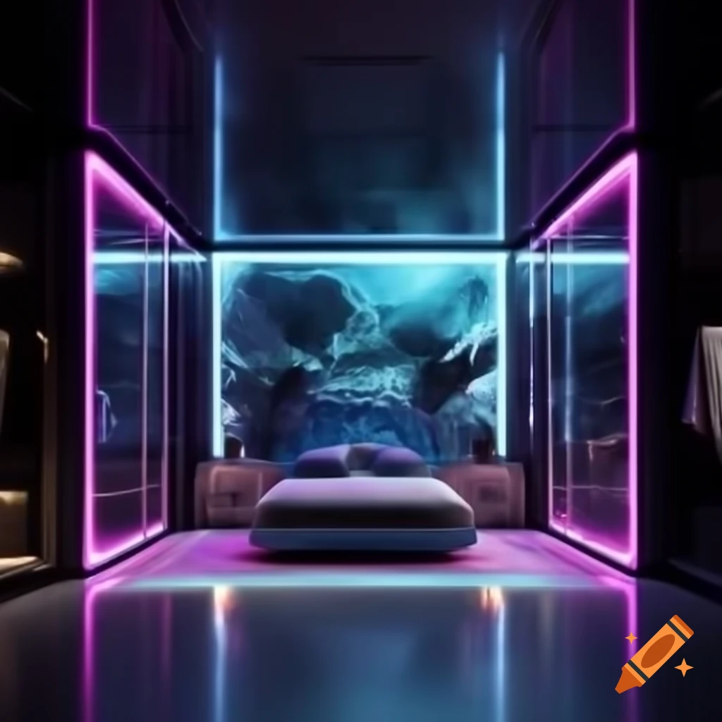 Futuristic bedroom with minimalist design and neon lights seen through storefront glass
