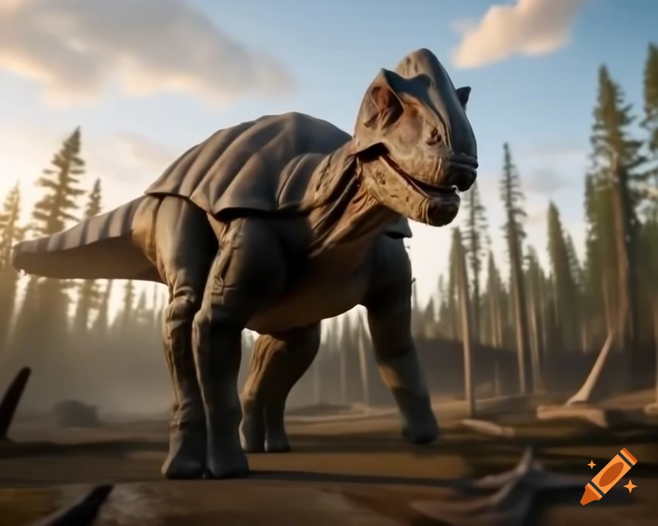 Ankylosaurus observing Diplodocus in sunny British Columbia scrubland during golden hour