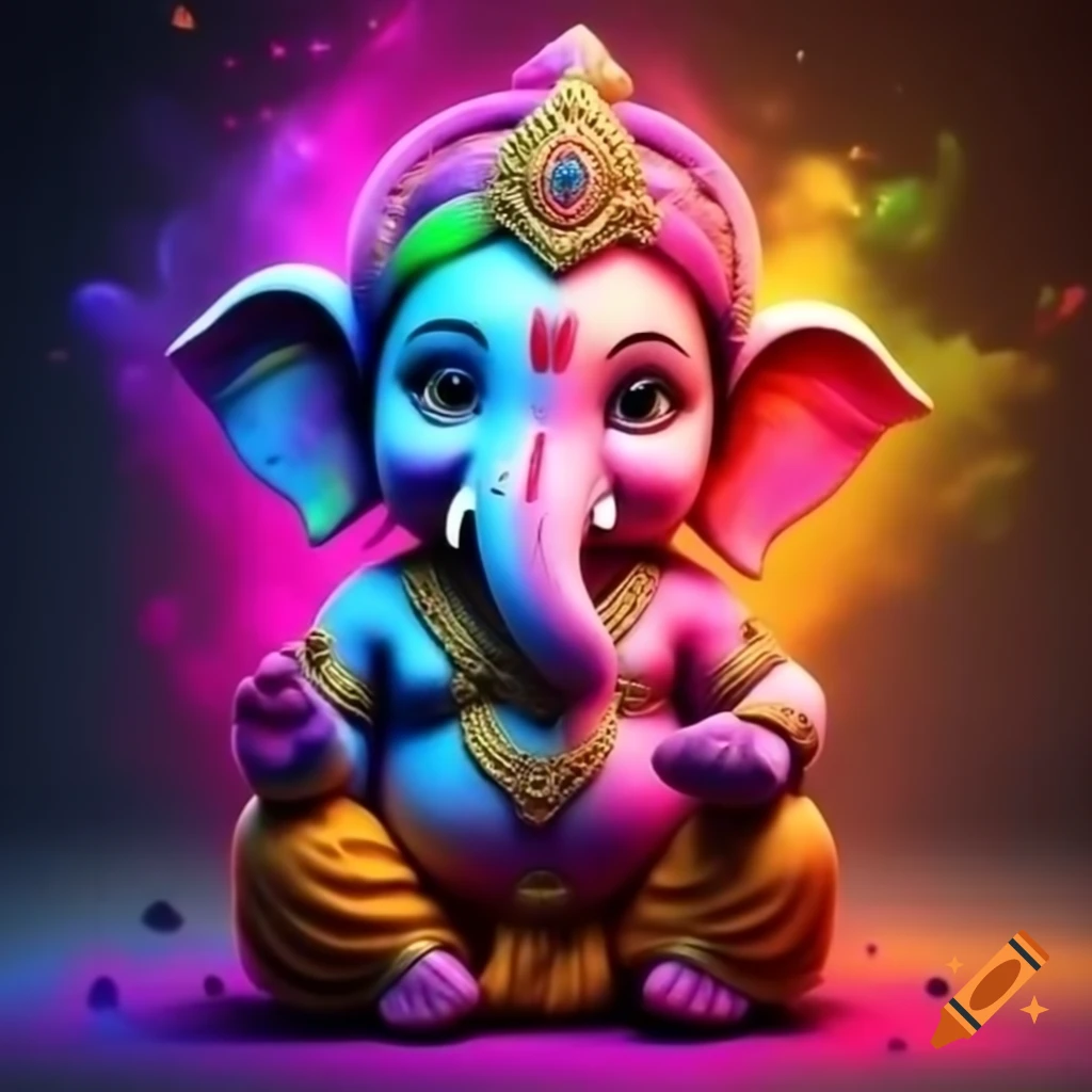 Cute baby Ganesh adorned with vibrant Holi colors