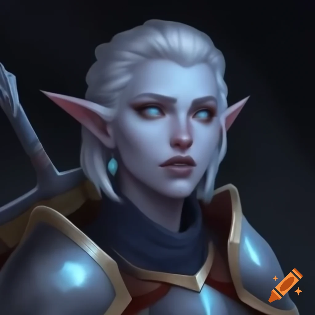 Female paladin changeling with pale grey skin and white bob haircut in armor holding battle axe