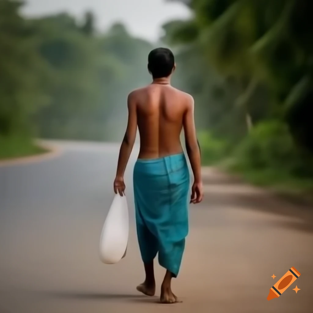 Indian man walking with a smile and bag along a road with Bougainville and gulmohar plants