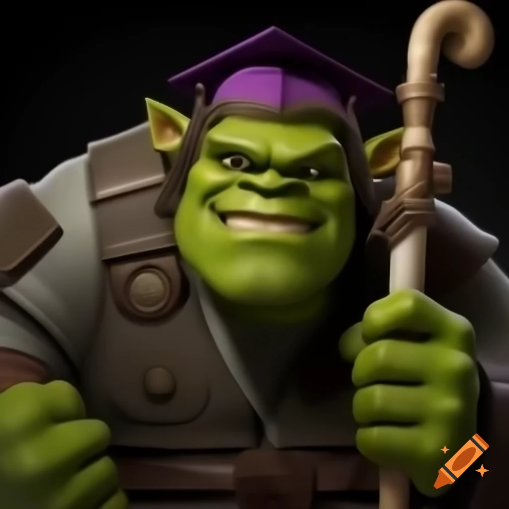 Cartoon of green orc professor in university mantle and cap holding scrolls
