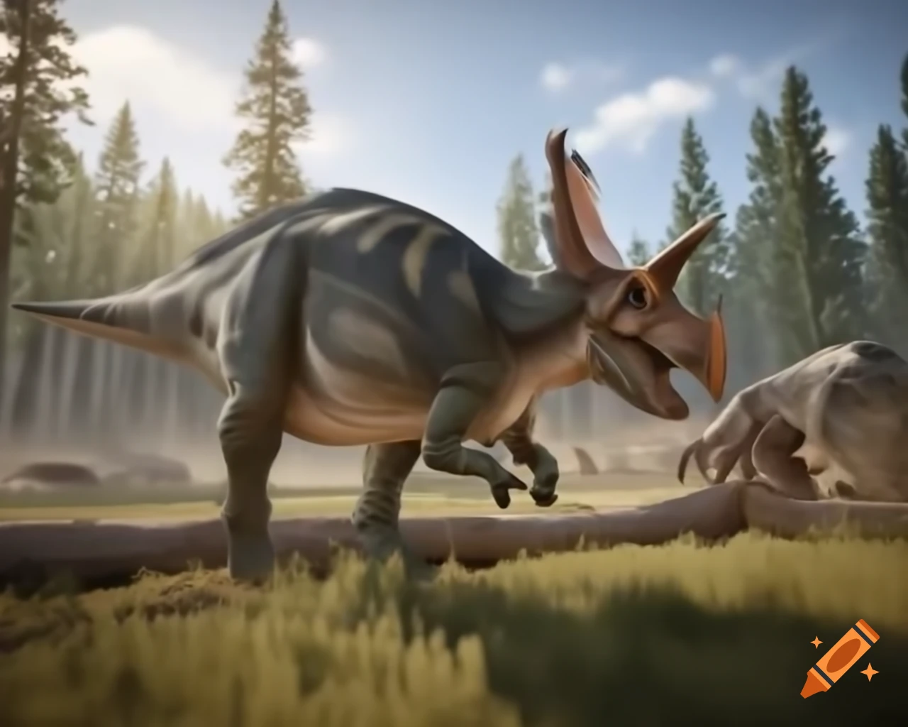 Herd of protoceratops crossing sunny scrubland with fallen trees in British Columbia