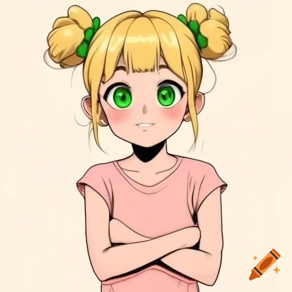 Anime girl with blonde hair and green eyes in pink t-shirt with arms crossed