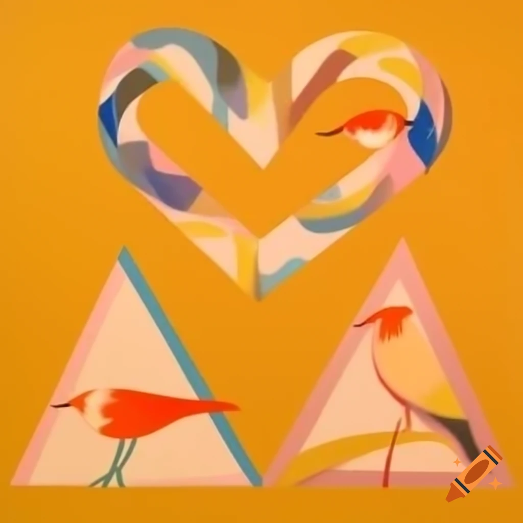Abstract love pattern featuring three birds in Picasso and Franz Marc style, warm oil paint