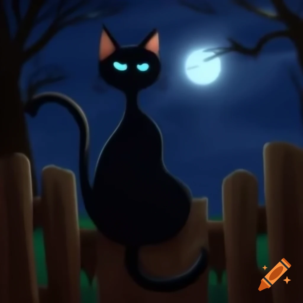 Sleek black cat sitting on wooden fence under moonlight