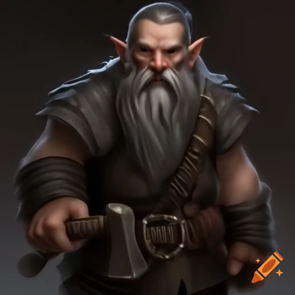 Fantasy dwarf in chain mail with handaxe, dark grey eyes and braided beard