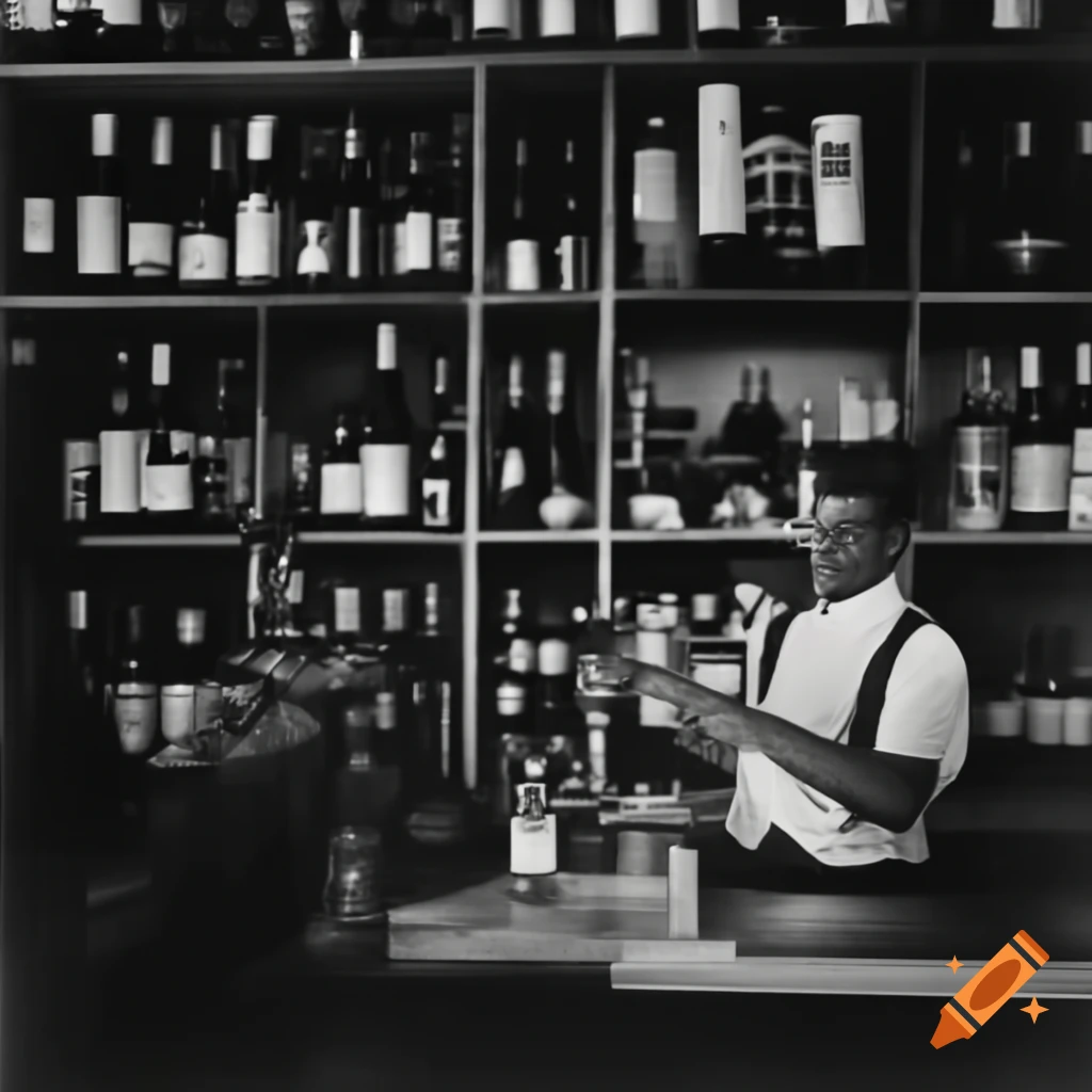 Vintage photo of liquor store with wine shelves and customers