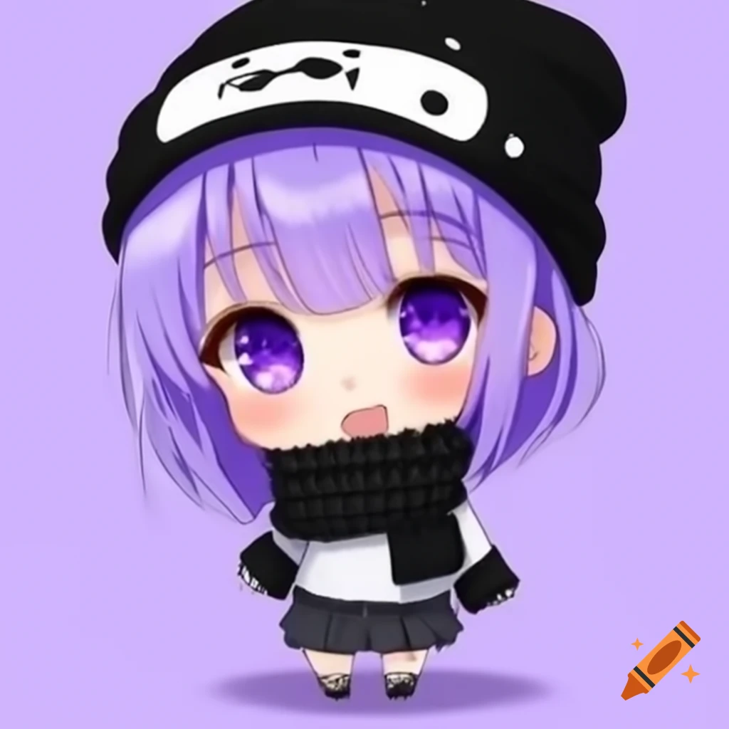 Anime chibi character with lavender hair and purple eyes wearing black knit toque and white scarf