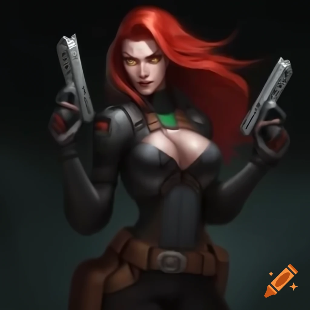 Female bounty huntress with red hair in sci-fi armor wielding blaster pistols