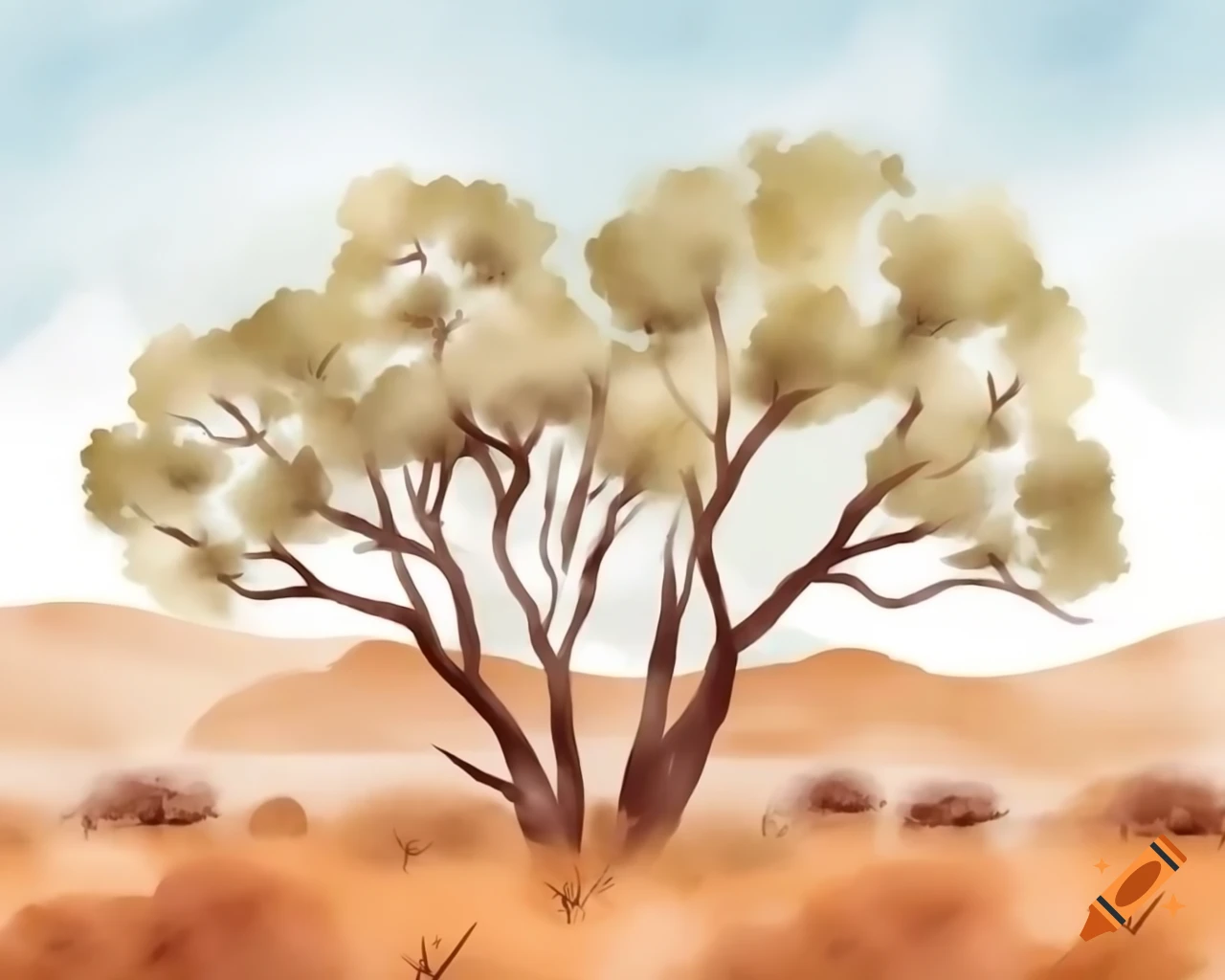 Australian bush scene in watercolor style reminiscent of Albert Namatjira