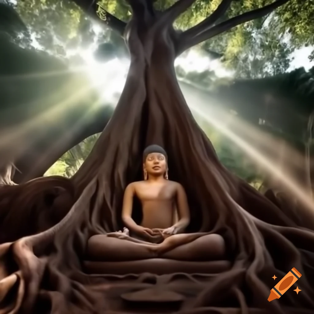 Siddhartha meditating under ancient Bodhi tree with sunlight filtering through leaves
