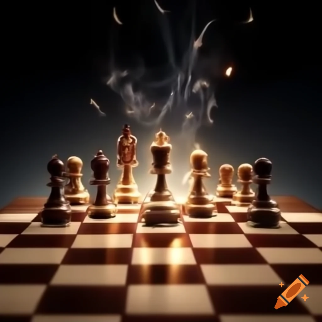 Chess pieces in combat with electric sparks, ideal for social media design