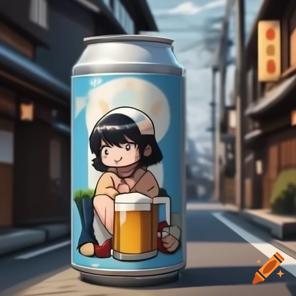 Anime style cartoon of beer can from Isenbeck brand on Kyoto street corner