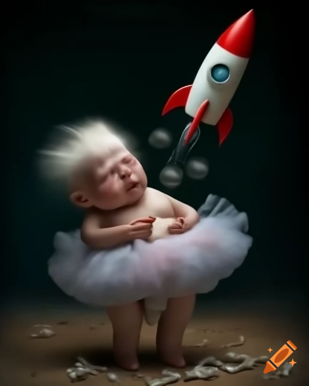 Satirical depiction of a humorous character riding a rocket