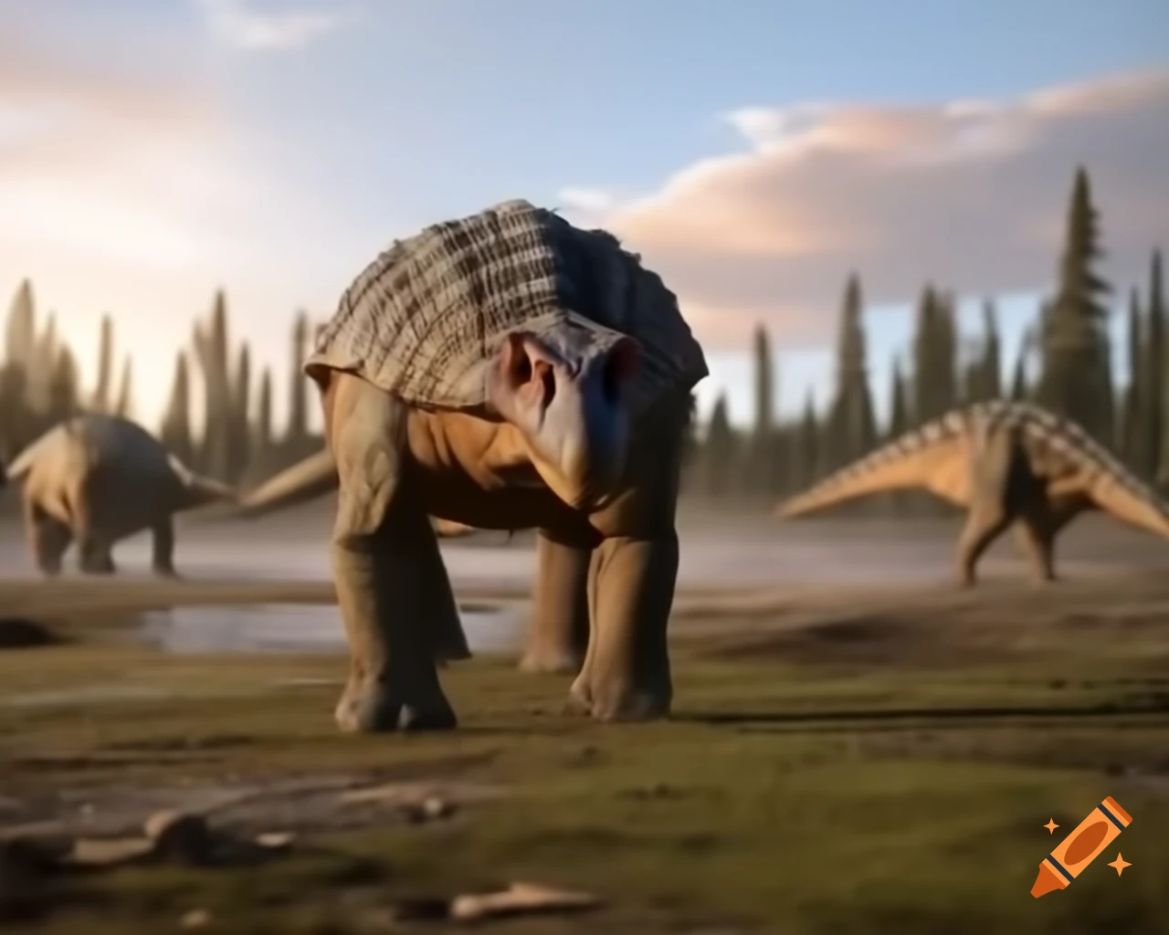 Ankylosaurus observing Diplodocus herd by sunny lake bank in British Columbia
