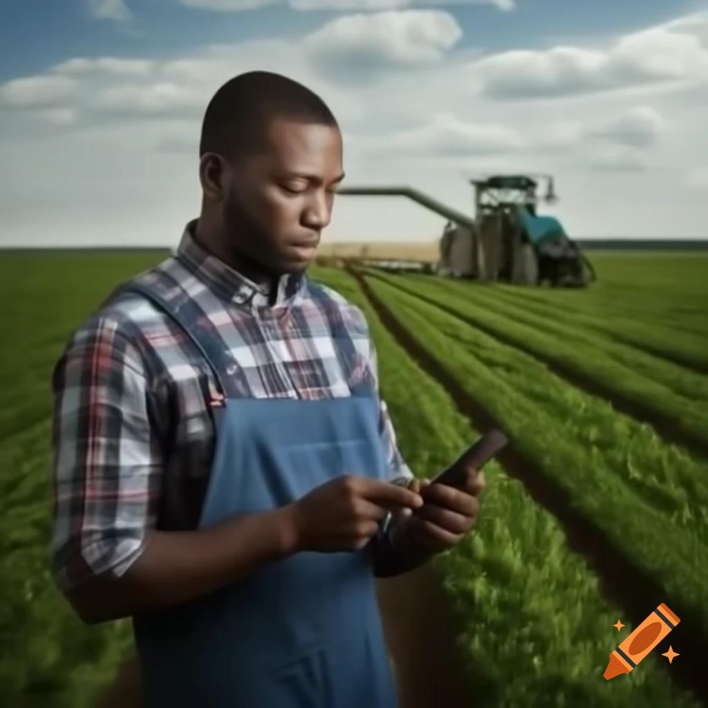 Black farmer using M-Toroli app on phone in farm setting