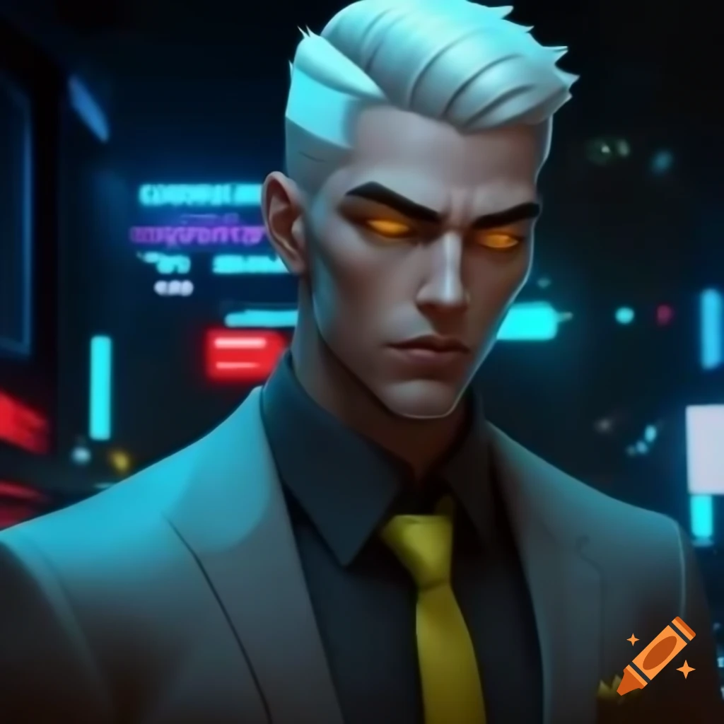 Cyberpunk male with white hair and face tattoos in business suit at night cityscape