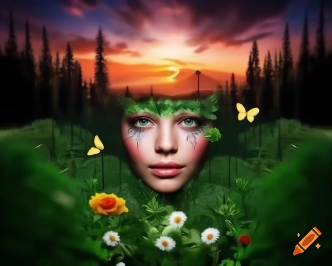 Surreal 3D render of woman's face in forest with old growth trees, wildflowers, and butterflies