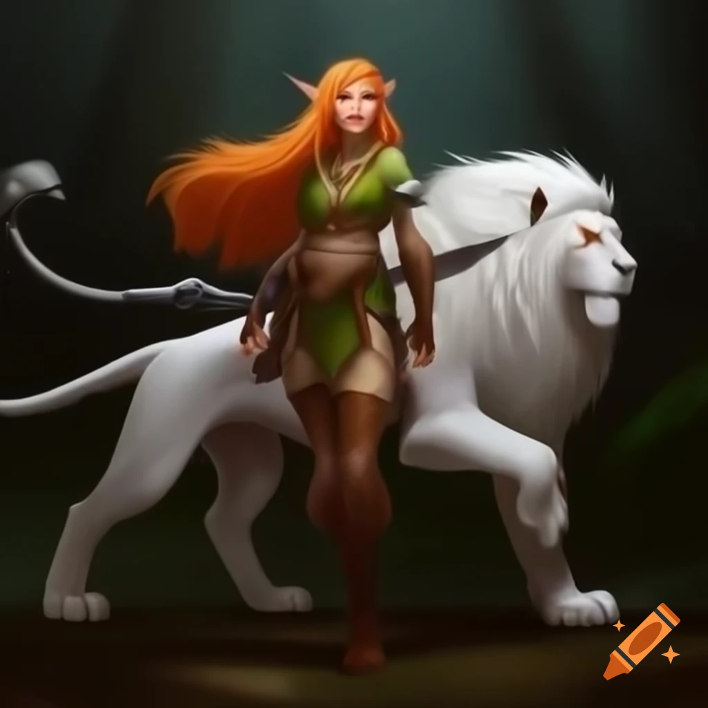 Female elf druid ranger in lion costume with white leopard companion