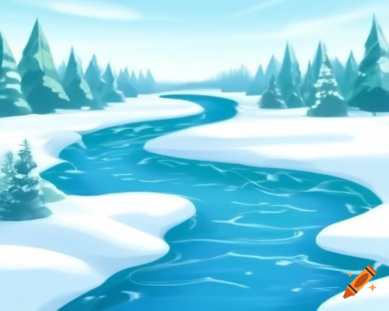 Winter river in aqua teal and white storybook style