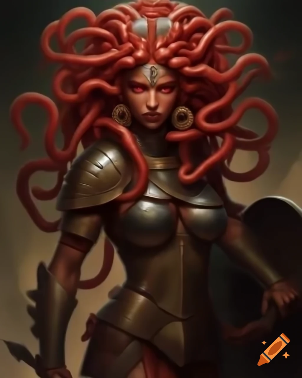 Medusa-inspired character with tanned skin and red eyes, wearing plate armor