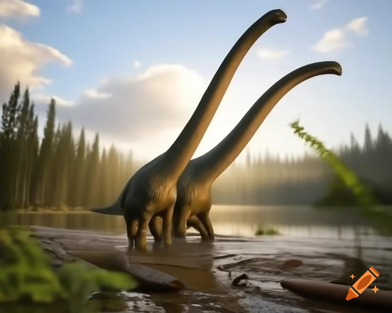 Three light grey Diplodocus walking along muddy lake bank with driftwood and ferns in British Columbia at golden hour