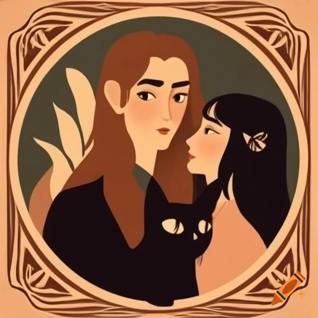 Art nouveau border featuring tall man with long brown hair and shorter woman with long black hair holding black cat
