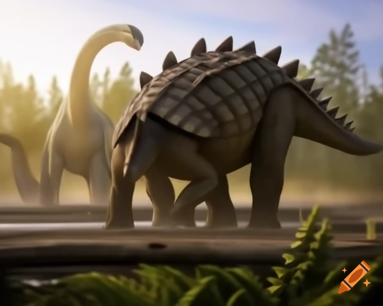 Ankylosaurus and Diplodocus in sunlit British Columbia mudflat with ferns