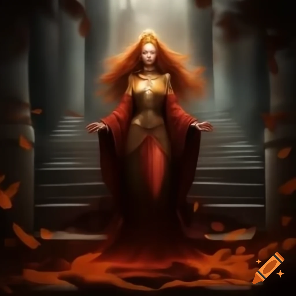 Queen Solene De La Tombe in rich crimson and gold robes, exuding a commanding presence